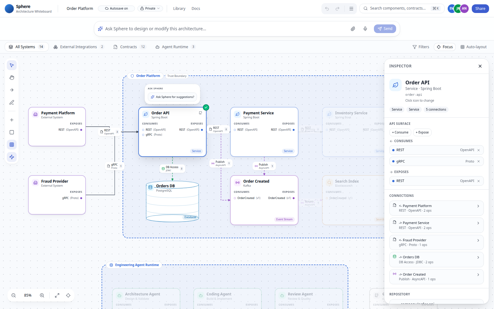 Inspector panel for Order API, showing API surface, connections, and repository
